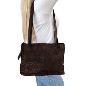 CHANEL Vintage CC Logo Embroidered Suede Tote Shoulder Bag Dark Brown [106240]